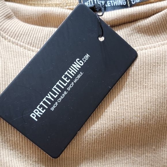 NWT PrettyLittleThing Camel Structured Rib Ruched Short Sleeve Top Women's US 8 - Picture 6 of 9